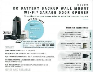 A brochure for the dc battery backup wall mount wi-fi garage door opener.