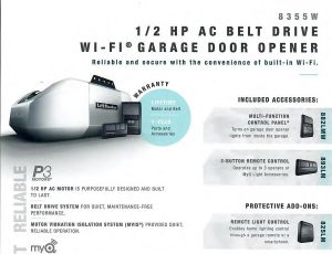 A diagram of the features of an ac belt drive garage door opener.