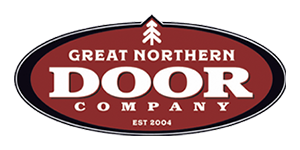 A red and white logo for the great northern door company.